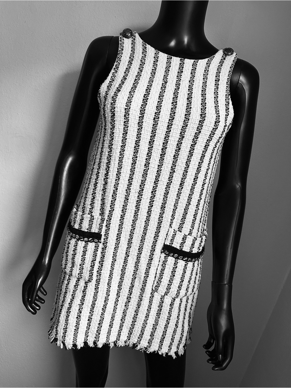 Zara Black & White Striped Tweed Pocket Mini Dress